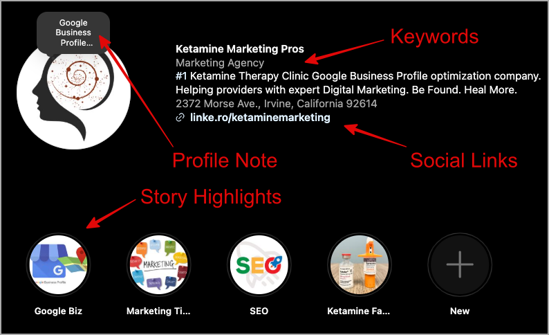 A social media profile titled "Ketamine Marketing Pros" for a marketing agency. Includes address, keywords, a profile note on enhancing online presence, social links, and story highlight icons for Google Biz, marketing tips, SEO secrets, and ketamine FAQs. - Ketamine