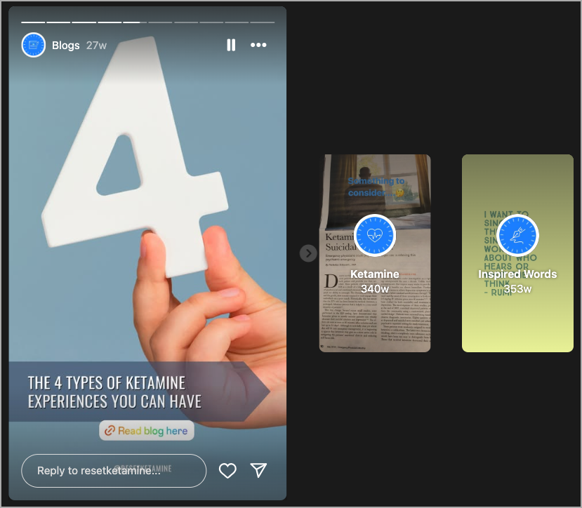 A hand holding a large, white numeral "4" against a blue background. Text reads, "The 4 types of ketamine experiences you can have." Below is a button labeled "Read blog here." Two article previews on the right are tied to ketamine, illustrating effective digital marketing by the clinic. - Ketamine