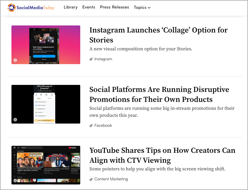 A webpage titled "SocialMediaToday" showcases three articles: a master guide to Instagram's collage option for stories, insights on social platforms promoting their products, and expert YouTube tips for creators. Each article includes a headline, image, and brief description. - Ketamine