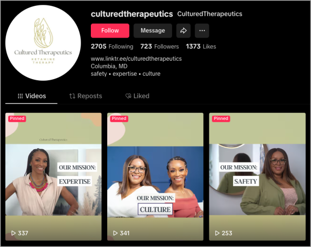 Screenshot of the Instagram profile for Cultured Therapeutics, a ketamine clinic in Columbia, MD. The bio highlights their expertise in ketamine therapy. Below, three video thumbnails emphasize digital marketing strategies to promote safety and culture with images of smiling individuals. - Ketamine